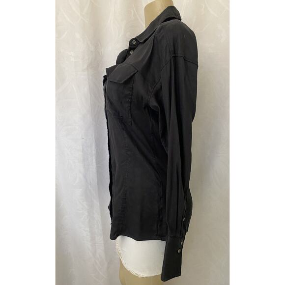 FRAME Arie Linen Blend Button Down Shirt Black Noir Long Sleeve Cutaway L - Picture 3 of 10